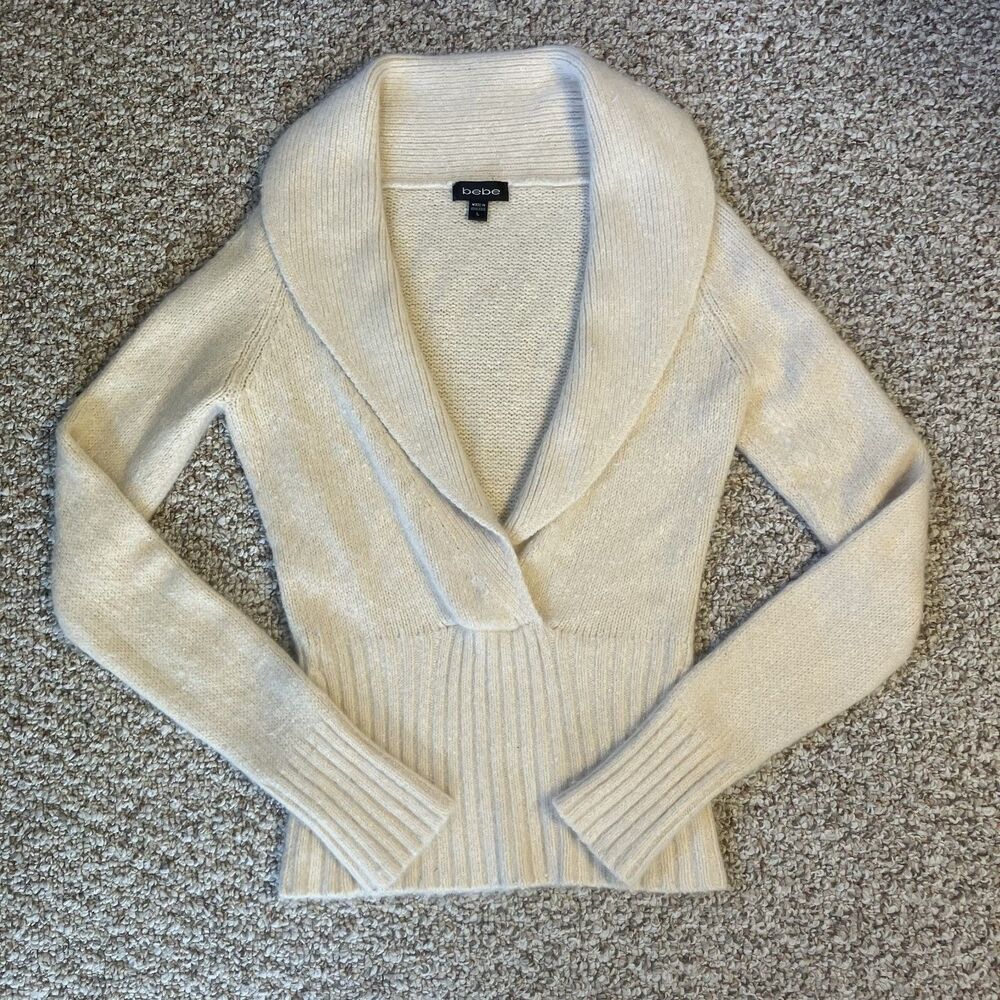 Bebe Womens Plunge Front Sweater Size L Angora Rabbit Lambswool Blend Y2K Cream - Picture 1 of 9